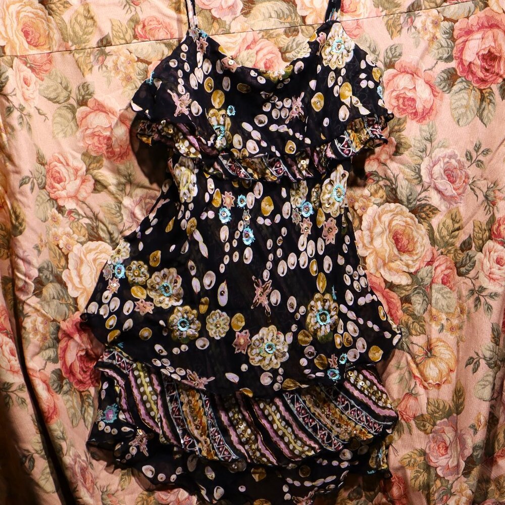 Size M Sheer Black Rayon Tiered Top Gold Sequins Adjustable Spaghetti Straps